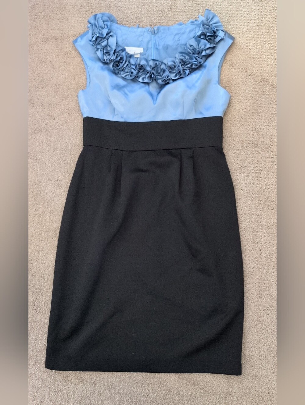 London Times Petites Blue Floral Ruffle Collar Sheath Cocktail Dress